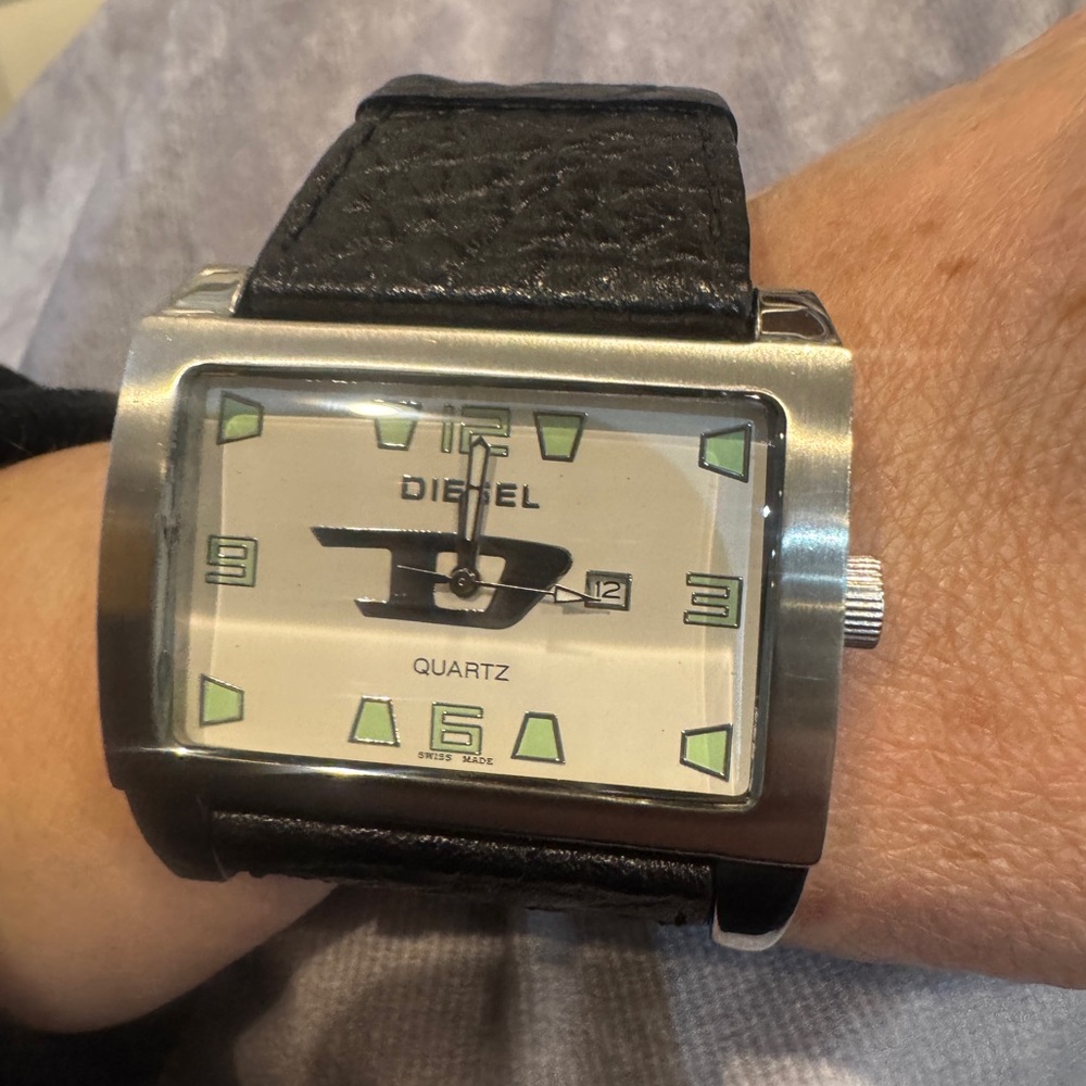 Vintage Diesel Men's Rectangular Wide Silver Case Watch with Black Strap